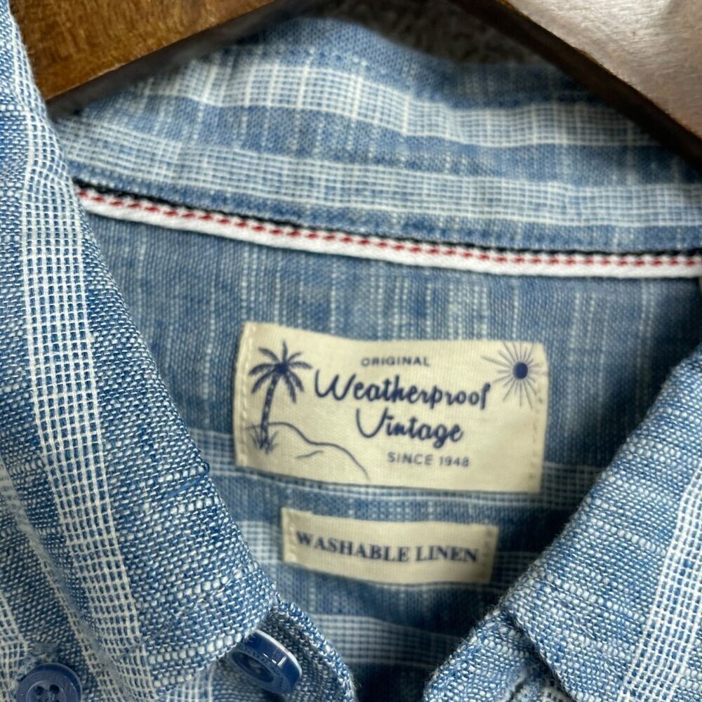 NEW Weatherproof Vintage Men's M Short Sleeve Shirt Blue Linen Cotton Striped - Picture 7 of 9